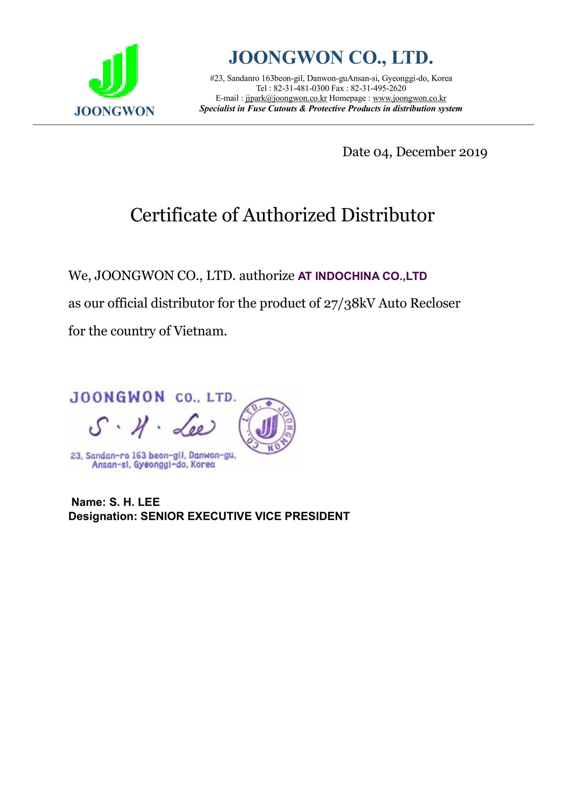Chứng nhận phân phối Recloser Joongwon_AT Đ D
